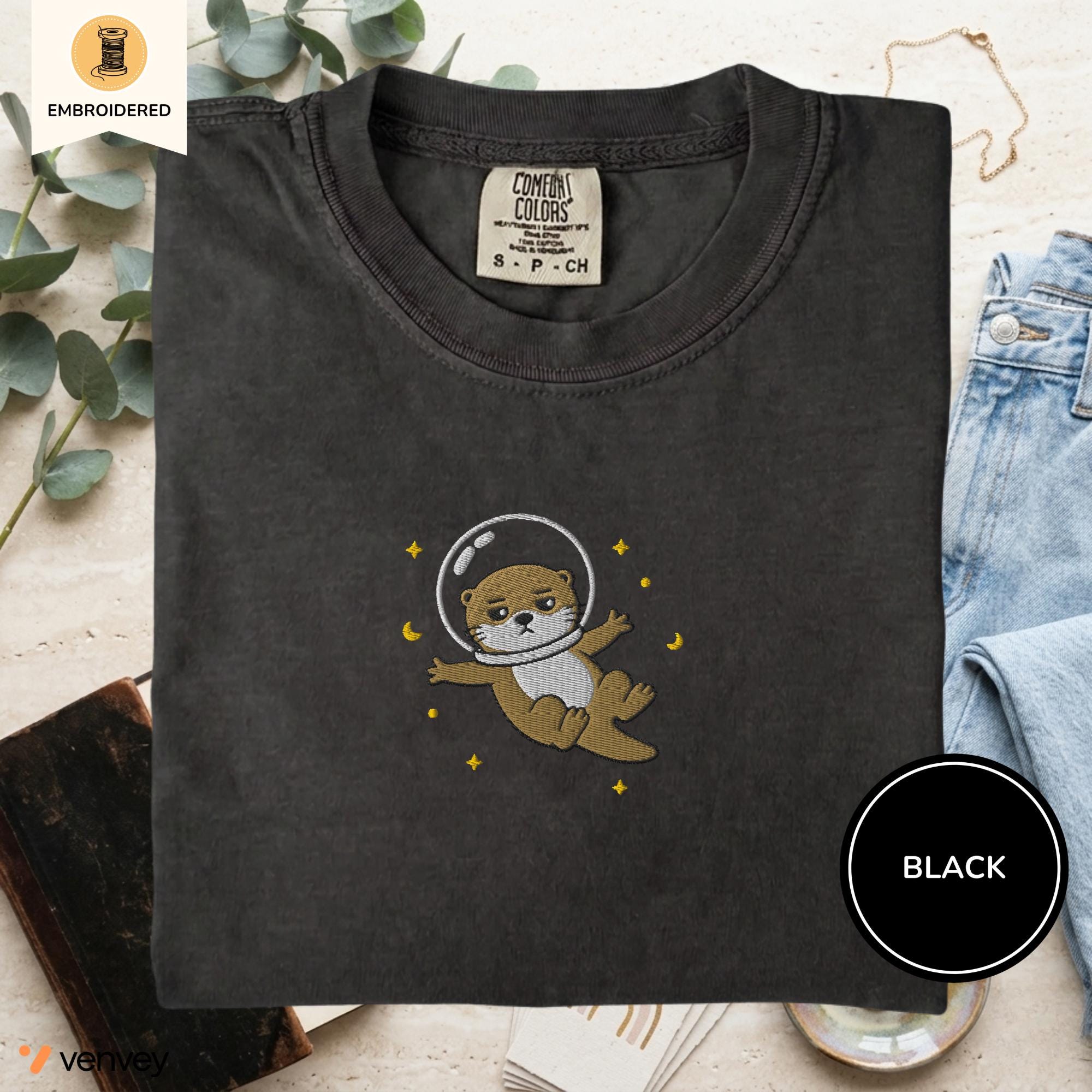 Embroidered Space Otter Shirt, Cute Astronaut Sea Otter Tee, Comfort Colors Otter Lover Gift, Minimal Embroidery Shirt