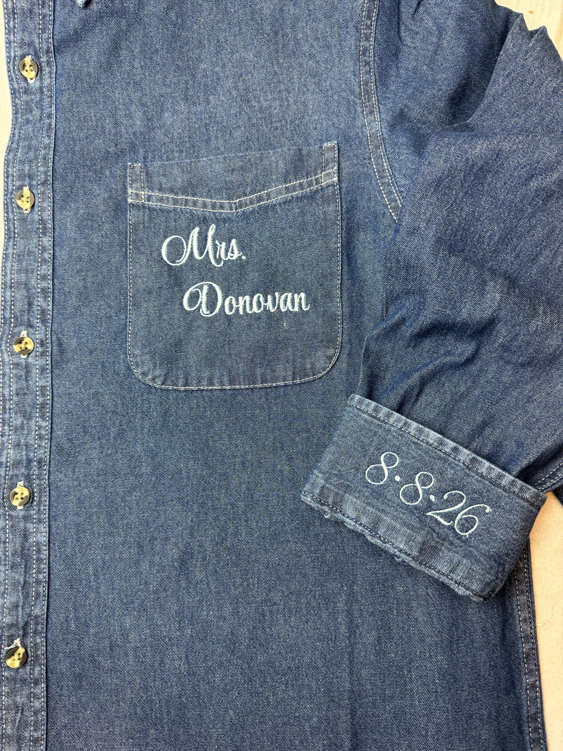 Wedding Party Shirts | Embroidered Pocket + Optional Cuff l Denim Shirts | Mother of the Bride - Bridesmaids | Button Down Shirt