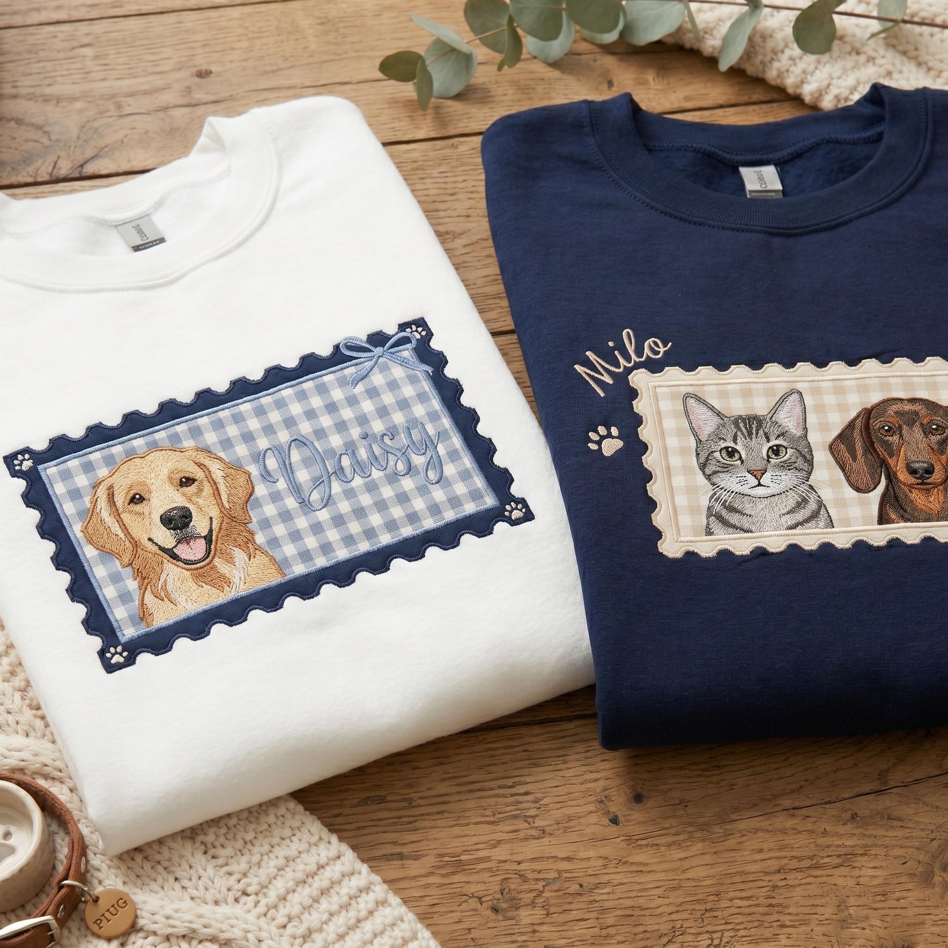 Custom Pet Portrait Embroidered Sweatshirt, Personalized Stamp Coquette Cat Shirt, Applique Dog Mom Shirt, Custom Photo Tee, Pet Lover Gift