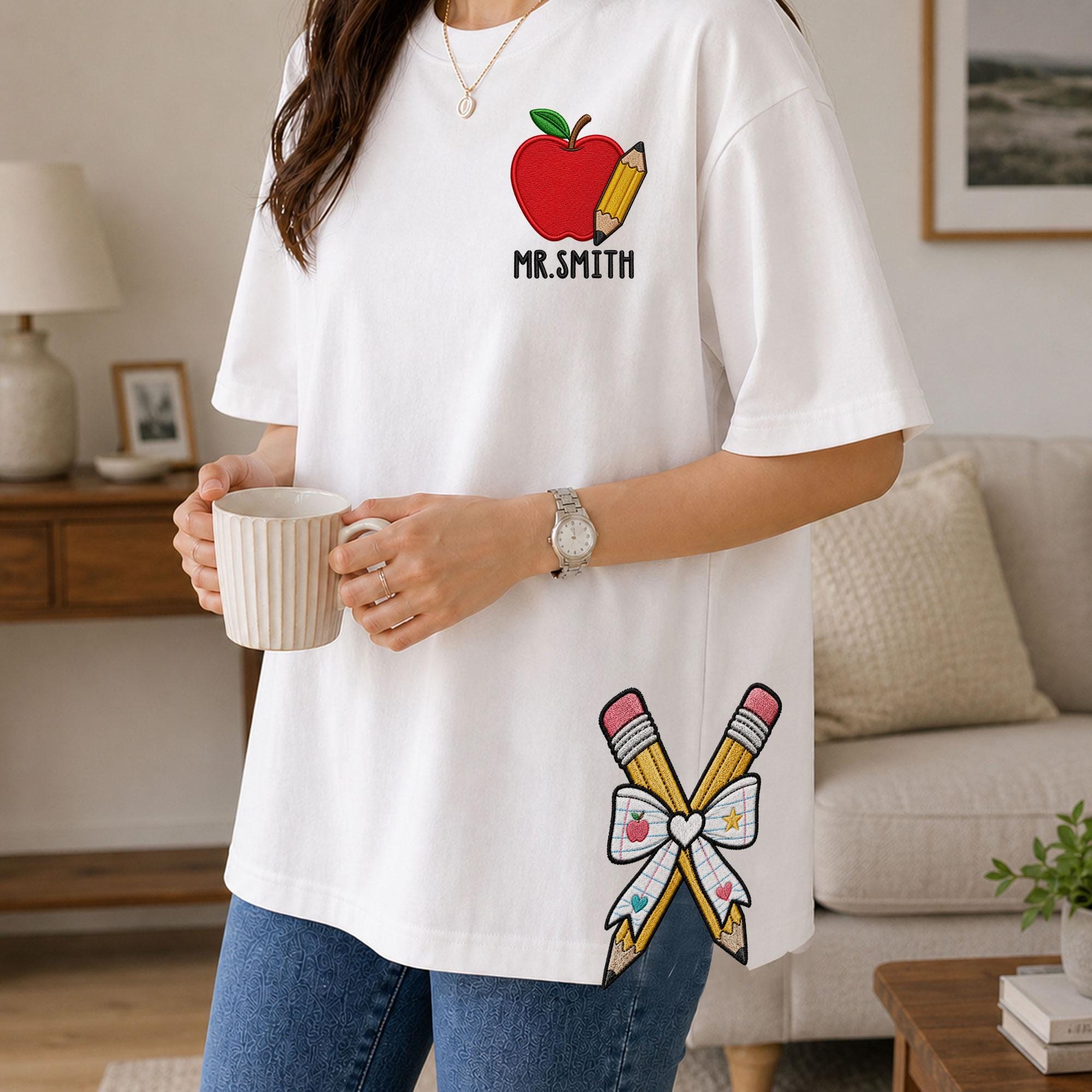 Personalized Teacher Side Bow Cut-Out Sweatshirt, Custom Name Sweatshirt, Teacher Embroidered Shirt, Back to School Shirt, Teacher Gift