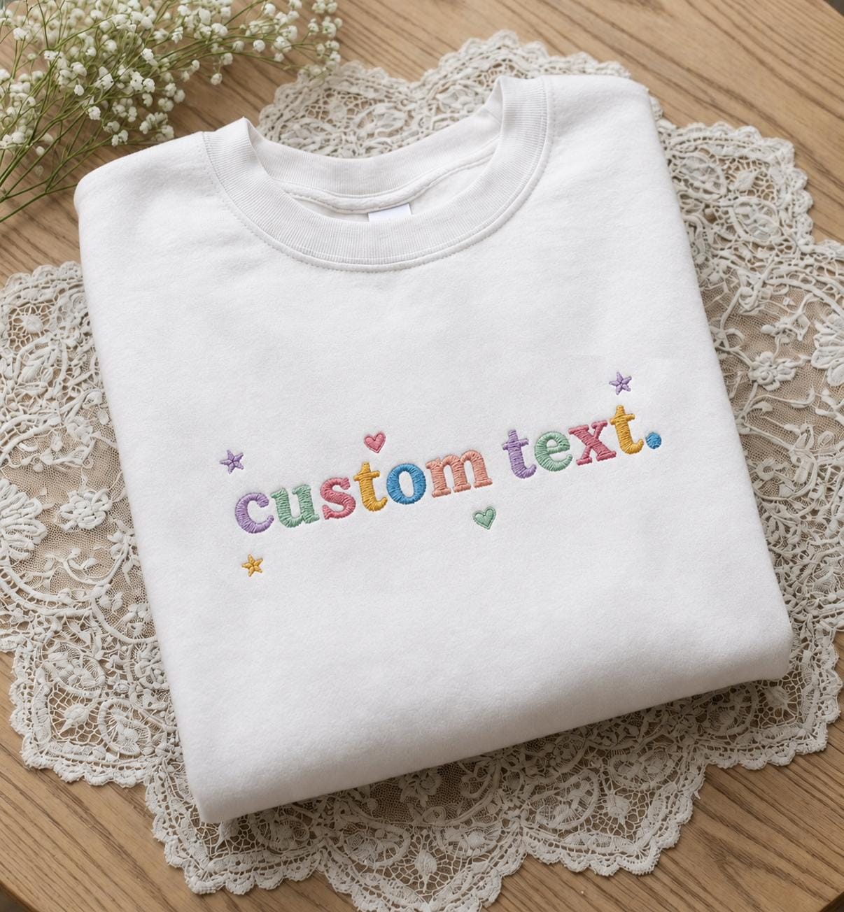 Custom Text Embroidered Mineral Wash T-Shirt, Rainbow Stars Personalized Shirt, Add Your Own Quote, Unique Gift For Her