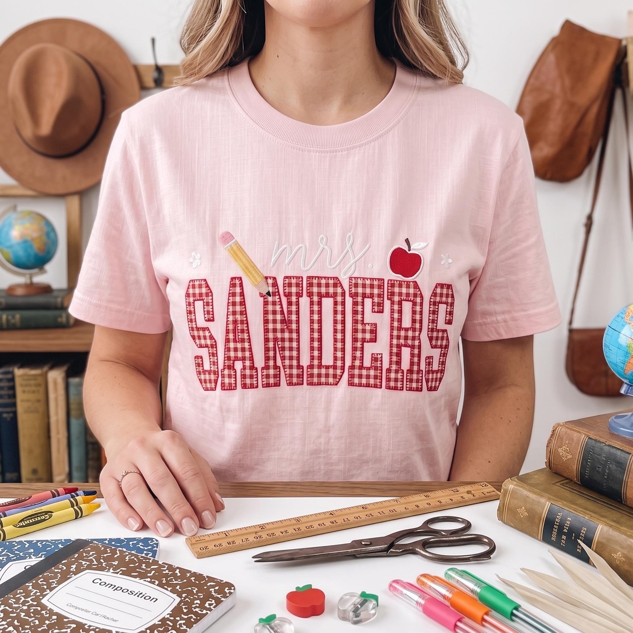 Personalized Teacher Embroidered Sweatshirt, Custom Mrs Name Gingham Applique Crewneck, Back To School Shirt, Teacher Appreciation Gift