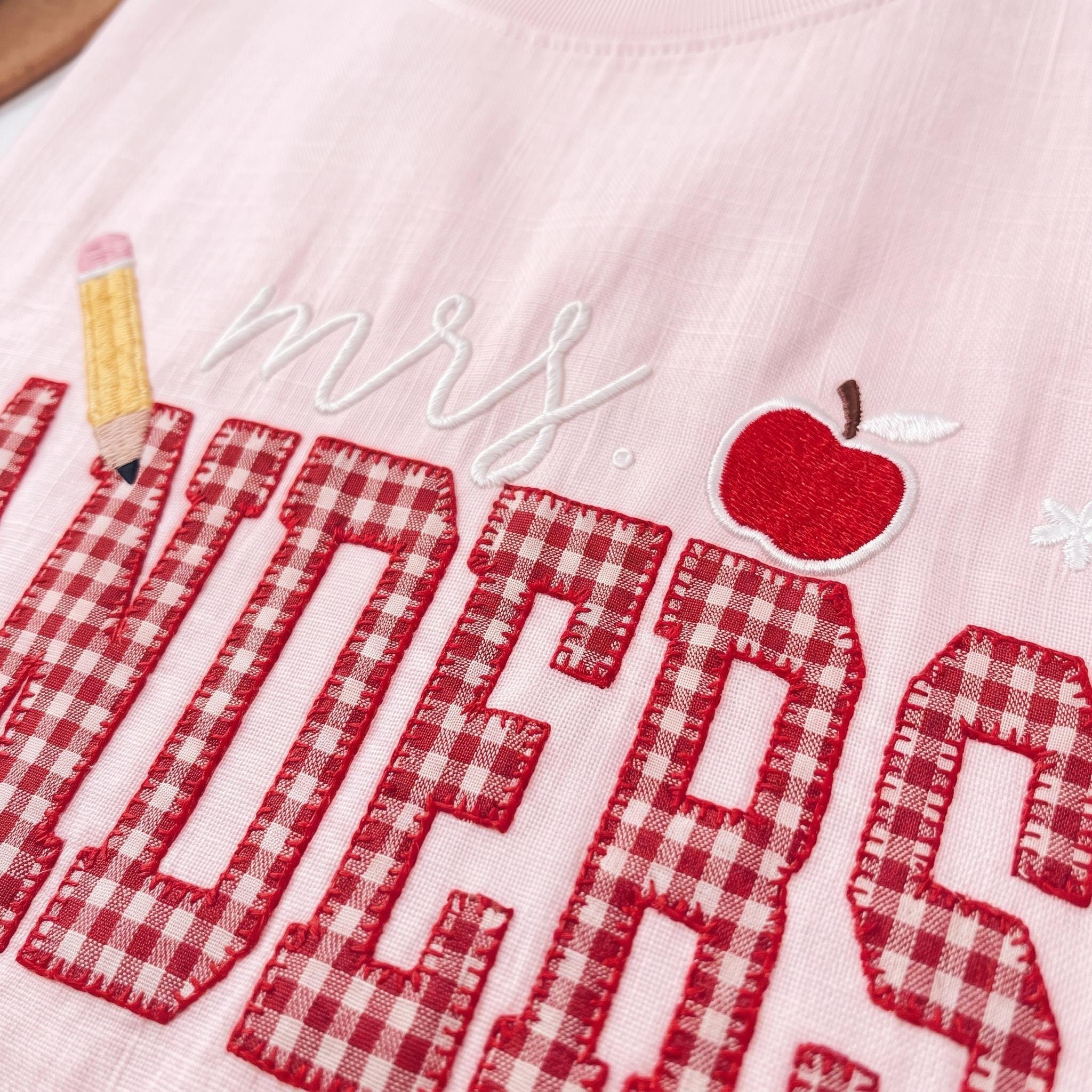 Personalized Teacher Embroidered Sweatshirt, Custom Mrs Name Gingham Applique Crewneck, Back To School Shirt, Teacher Appreciation Gift