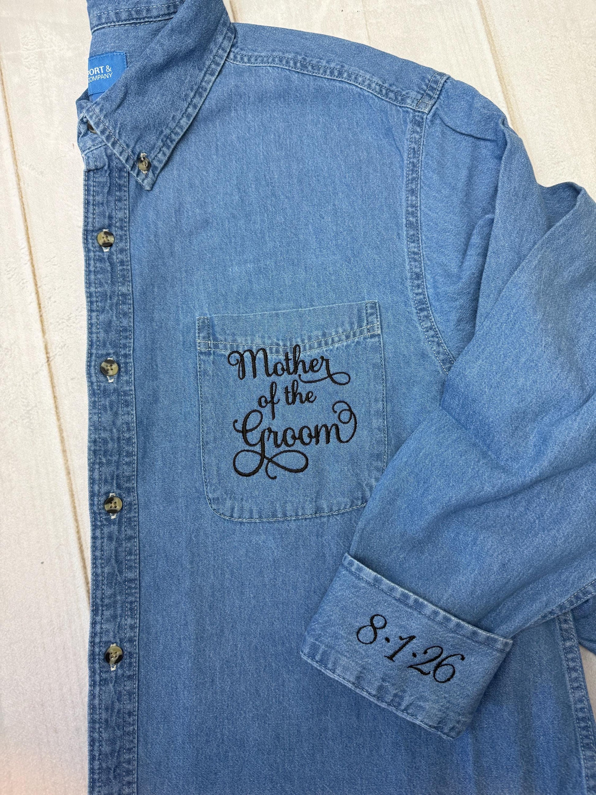 Wedding Party Shirts | Embroidered Pocket + Optional Cuff l Denim Shirts | Mother of the Bride - Bridesmaids | Button Down Shirt