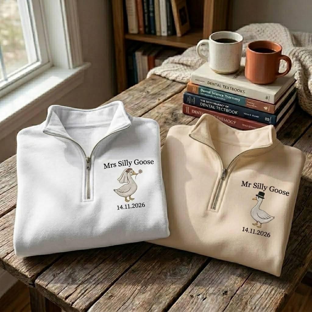 Embroidered Mrs and Mr Silly Goose Quarter Zip Sweatshirts, Funny Couple Matching Sweatshirts, Wedding Date Sweatshirt, Goose Wedding Shirt