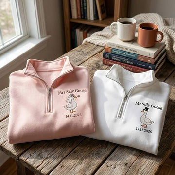 Embroidered Mrs and Mr Silly Goose Quarter Zip Sweatshirts, Funny Couple Matching Sweatshirts, Wedding Date Sweatshirt, Goose Wedding Shirt