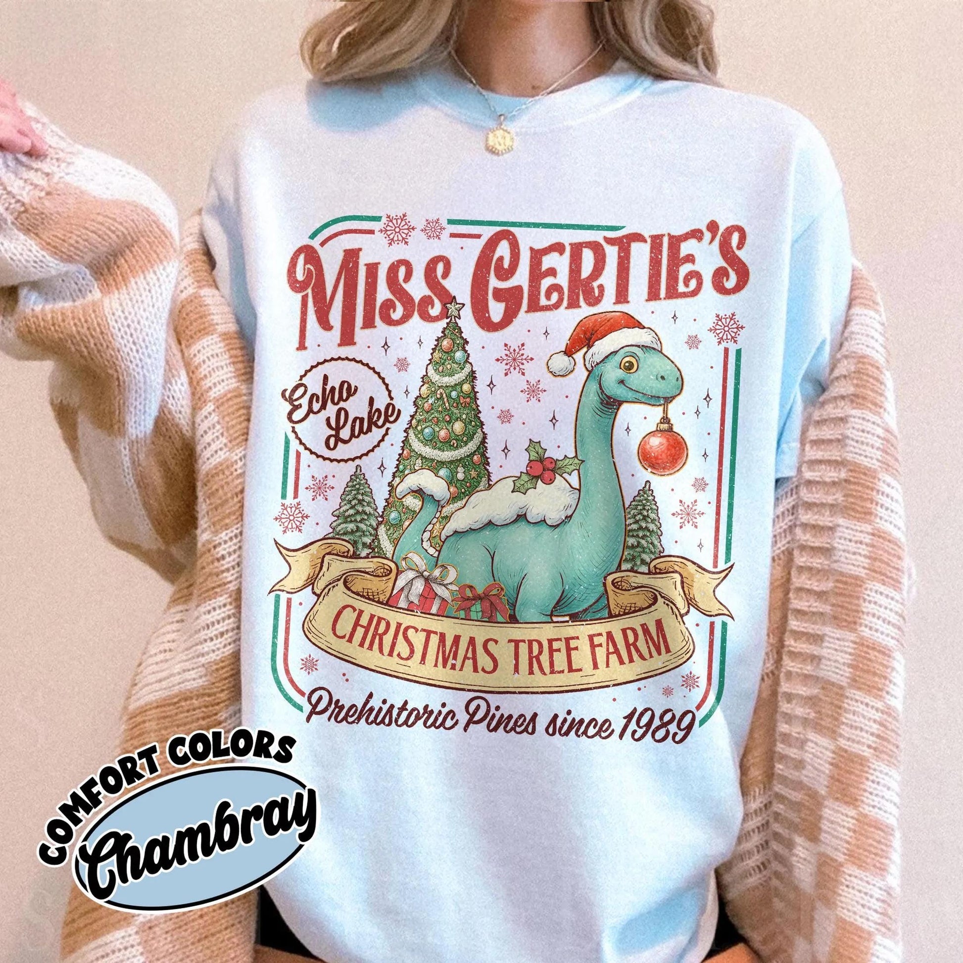 Dinosaur Christmas Tree Farm Comfort Colors Tee, Miss Gertie's Vacation Shirt