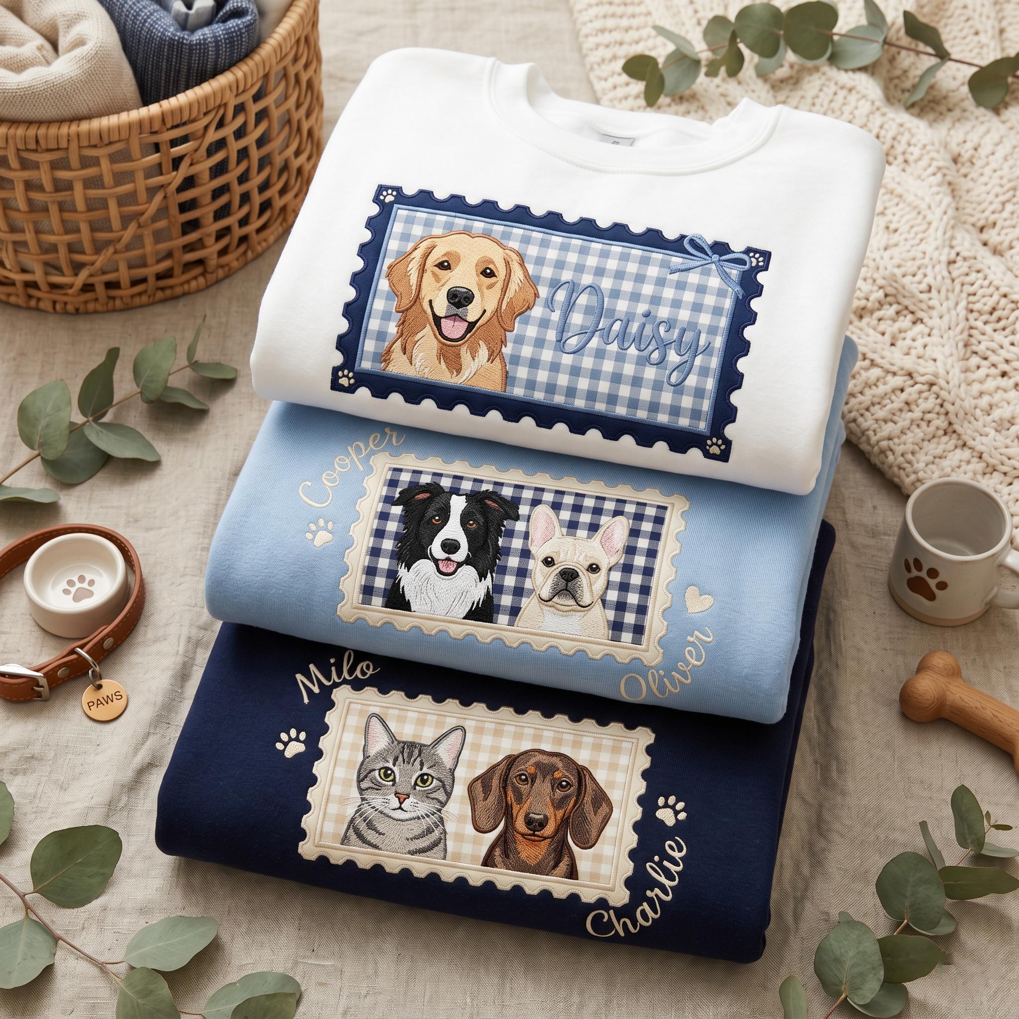 Custom Pet Portrait Embroidered Sweatshirt, Personalized Stamp Coquette Cat Shirt, Applique Dog Mom Shirt, Custom Photo Tee, Pet Lover Gift