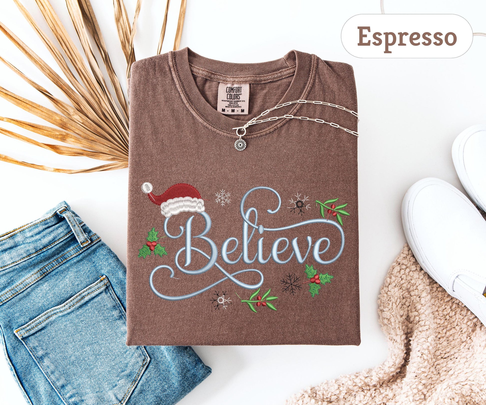 Comfort Colors® Embroidered Believe Sweatshirt, Christmas Hat Tee, Embroidered Christmas Gift, Funny Christmas Shirt