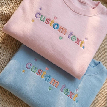 Custom Text Embroidered Mineral Wash T-Shirt, Rainbow Stars Personalized Shirt, Add Your Own Quote, Unique Gift For Her