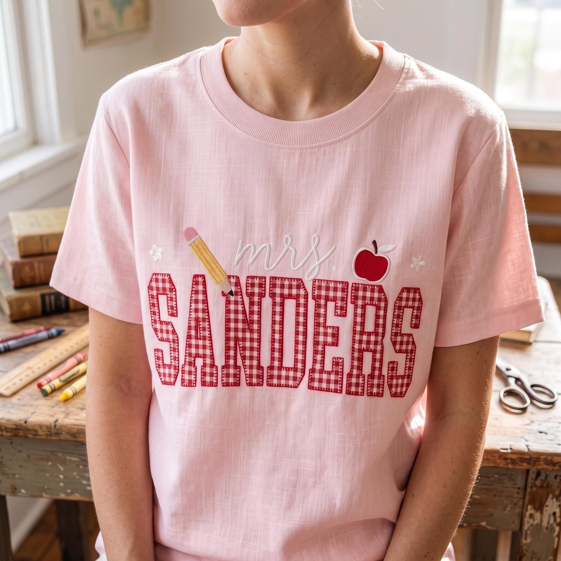 Personalized Teacher Embroidered Sweatshirt, Custom Mrs Name Gingham Applique Crewneck, Back To School Shirt, Teacher Appreciation Gift
