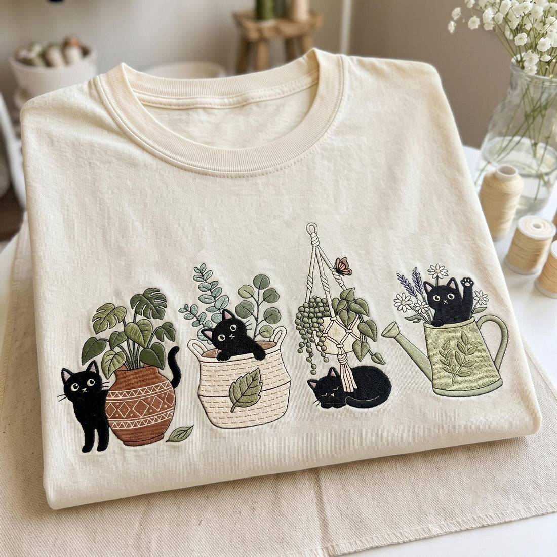 Cute Black Cat Plant Embroidered Shirt, Cat & Planter, Garden Lover Gift, Spring Garden Plant Shirt, Houseplant Crew Tee, Plant Mom Gift