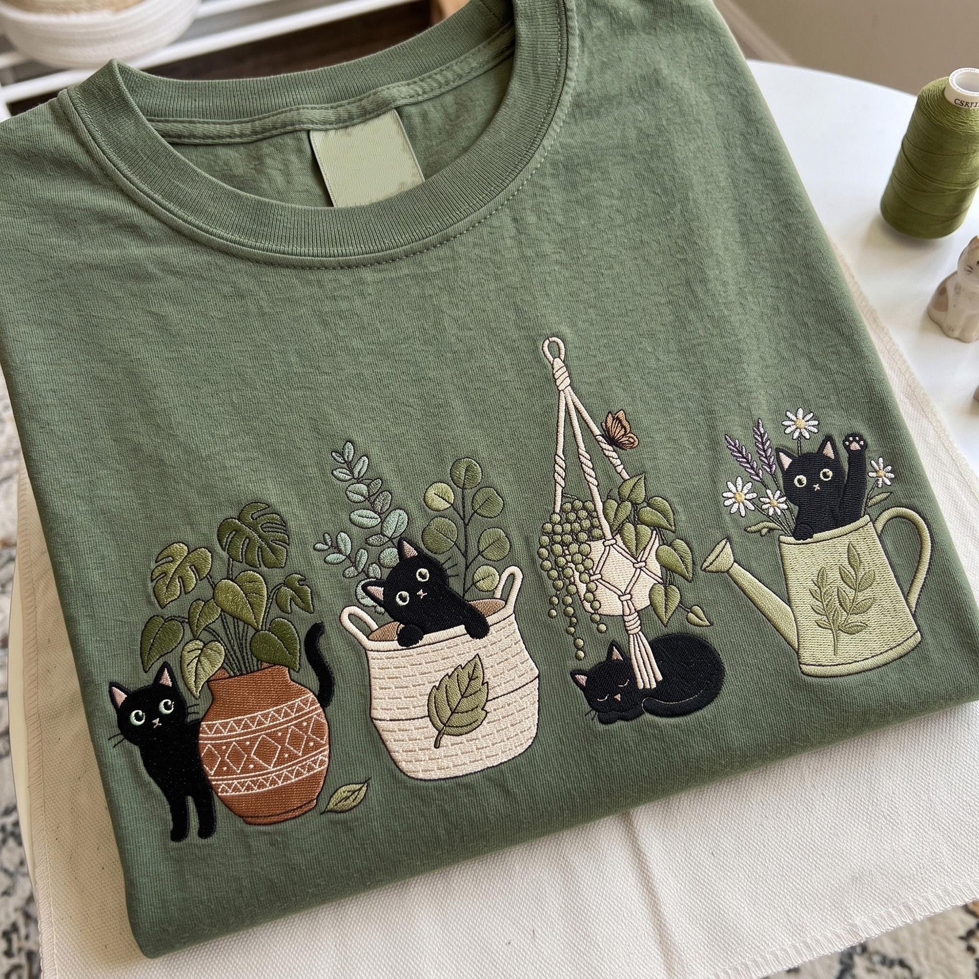 Cute Black Cat Plant Embroidered Shirt, Cat & Planter, Garden Lover Gift, Spring Garden Plant Shirt, Houseplant Crew Tee, Plant Mom Gift