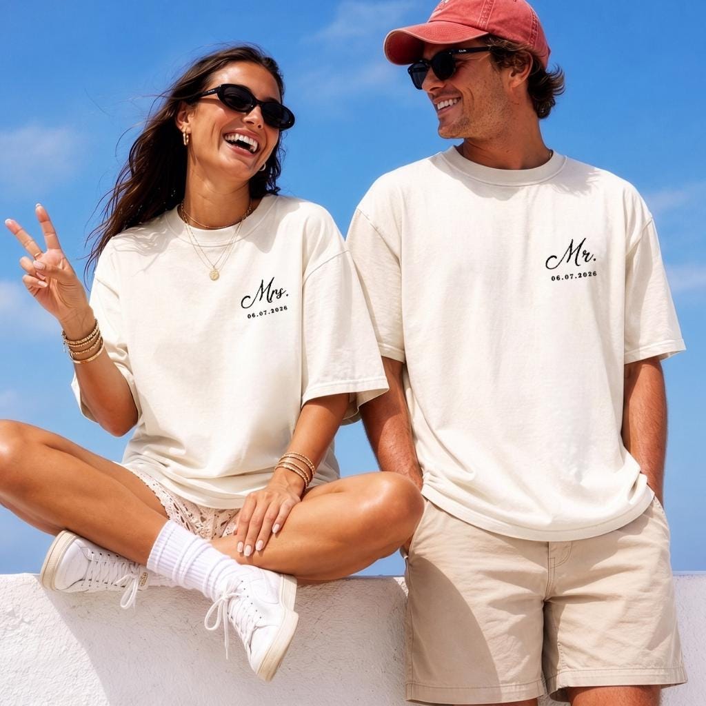 Personalized Mr and Mrs Embroidered Shirt, Custom Wedding Date Comfort Color Tee, Bride Groom Shirts, Newlywed Gift, Honeymoon Couple Shirts