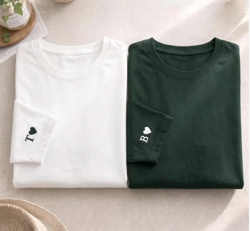 Custom Embroidered Initial Heart sleeve sweater, tshirt, jumper, Personalized Valentines Sweatshirt, Embroidered Couples Outfit