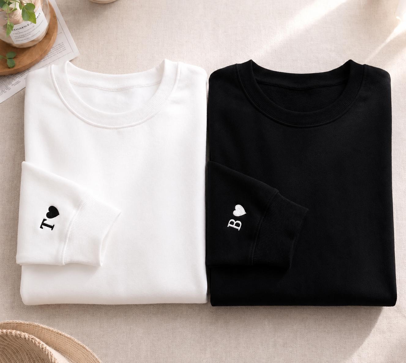 Custom Embroidered Initial Heart sleeve sweater, tshirt, jumper, Personalized Valentines Sweatshirt, Embroidered Couples Outfit