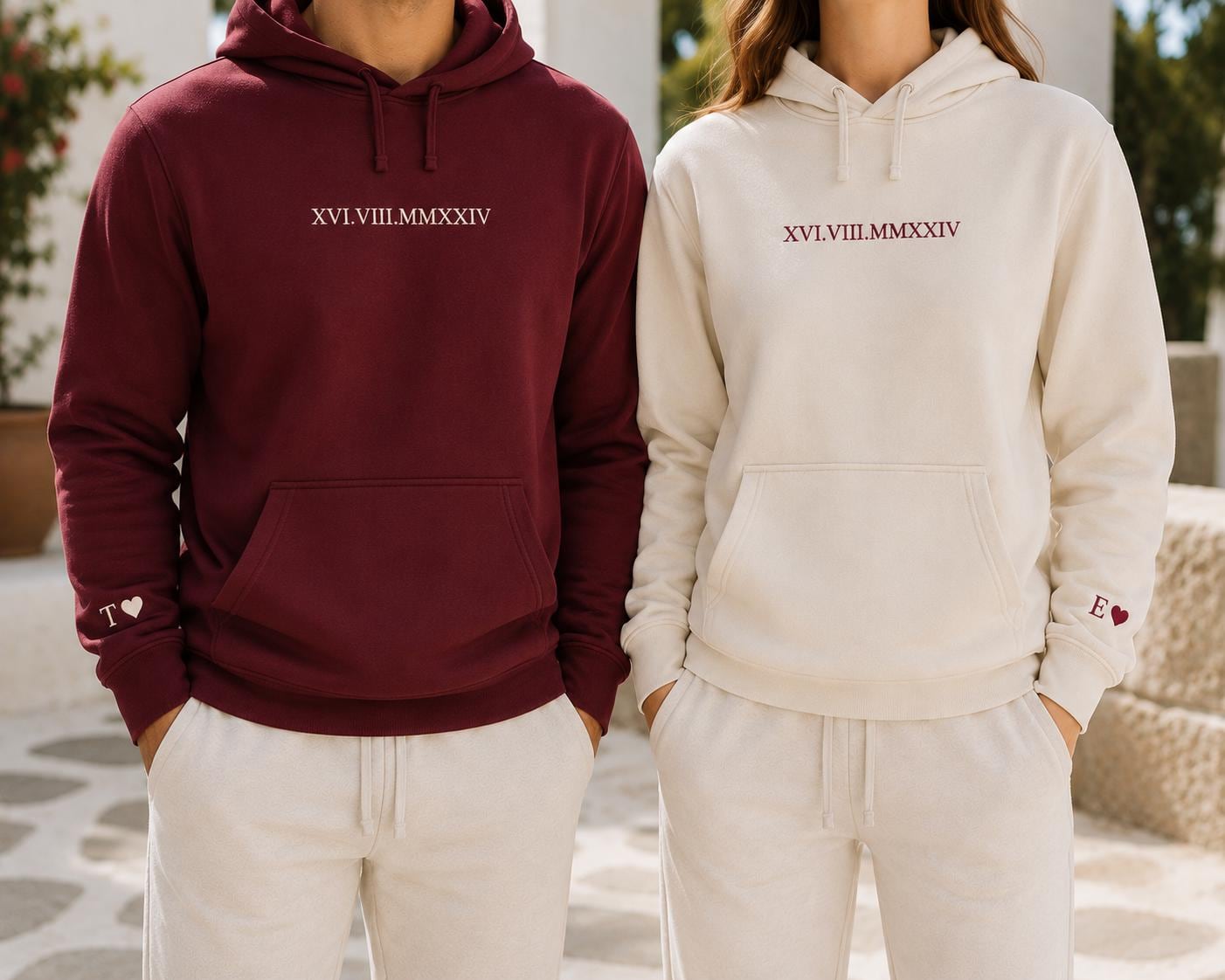 Custom Embroidered Couple Hoodie: Roman Numeral Date, Valentine Gift for boyfriend or girlfriend