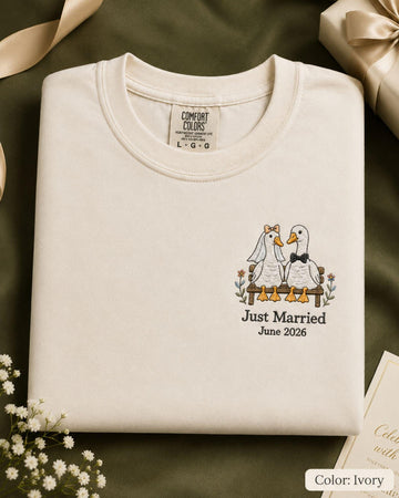 Embroidered Comfort Colors Goose Wedding Shirt, Custom Just Married Tee, Personalized Couple Gift, Anniversary Shirt