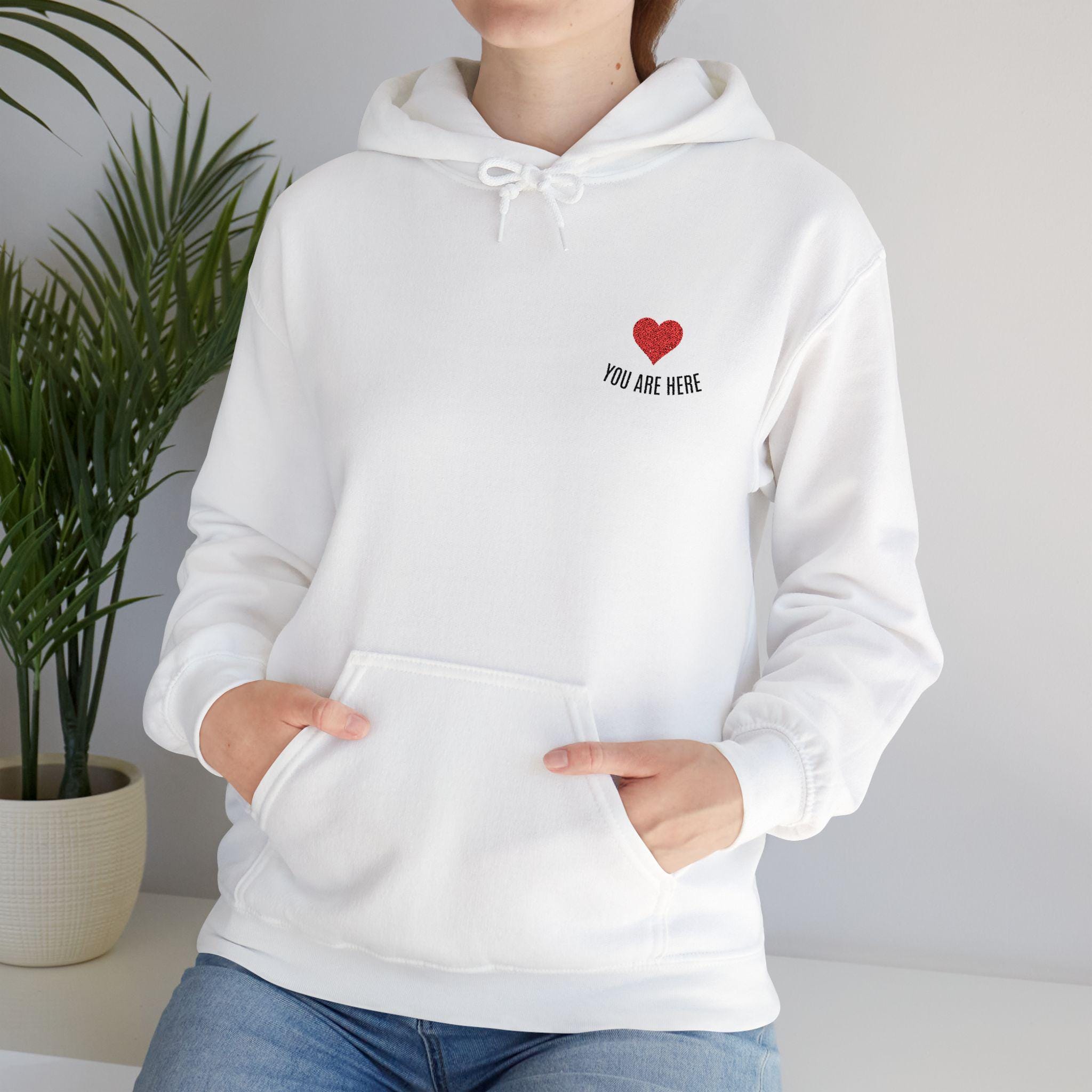 You Are Here Embroidered Sweatshirt, Hoodie or T-Shirt | Minimal Heart Embroidery | Matching Couples Gift | Cozy Unisex Apparel