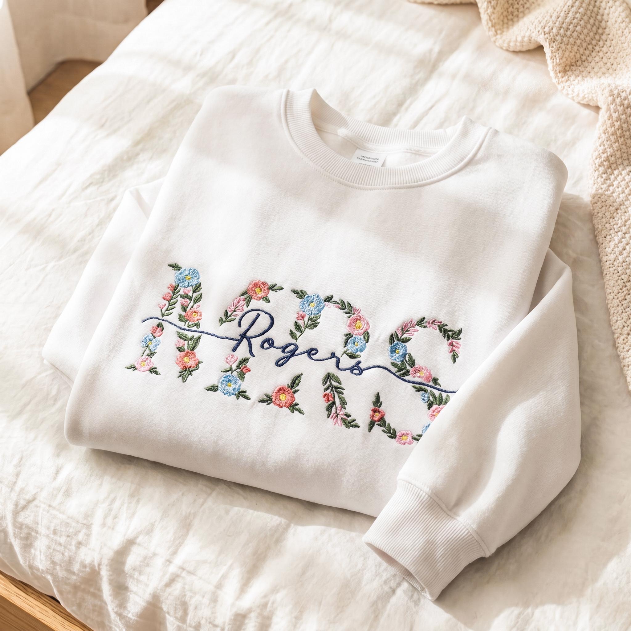 Personalized Mrs Floral Embroidered Sweatshirt, Custom Last Name Bride Gift, Wedding Day Pullover, Engagement Gift, Honeymoon Oufit