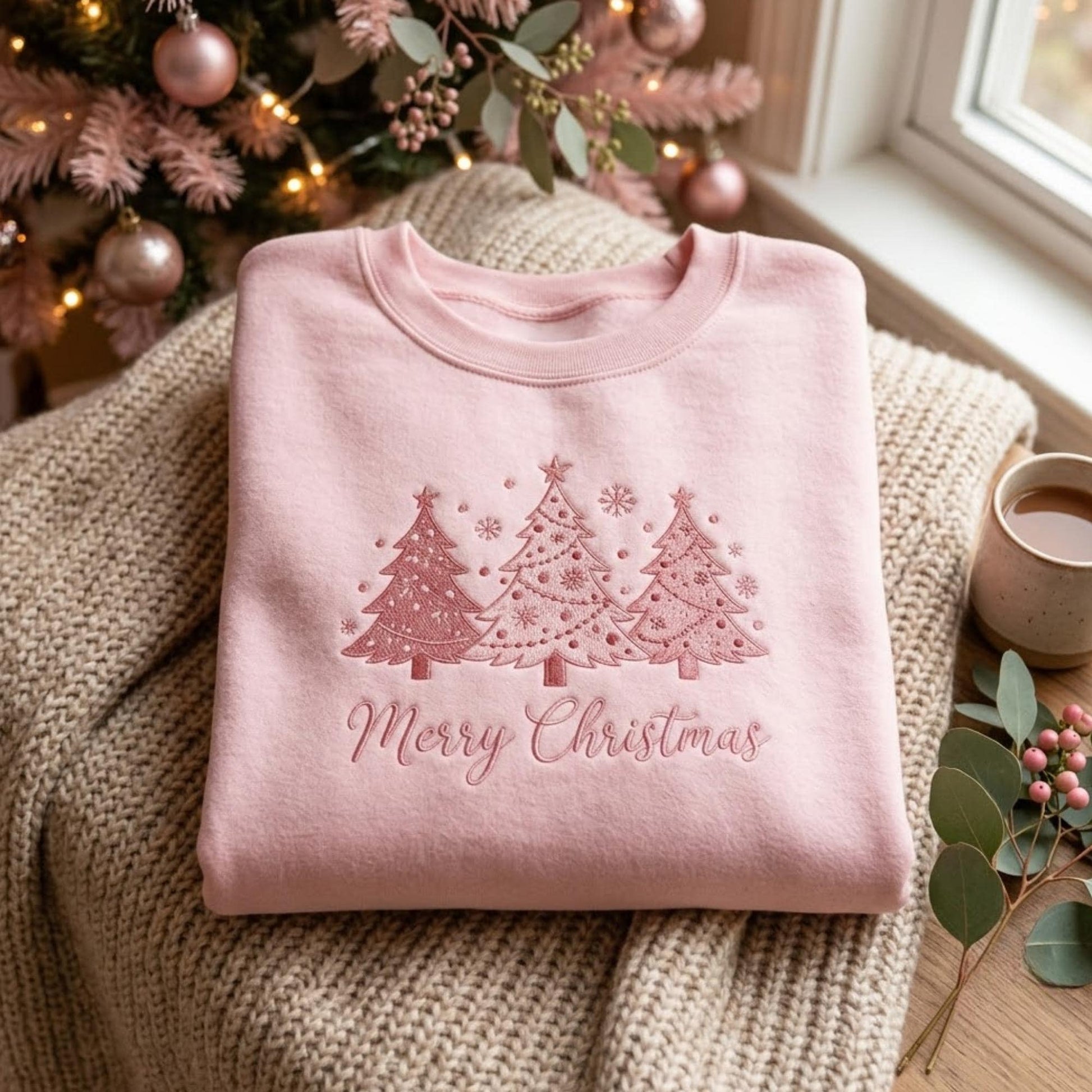 Embroidered Christmas Trees Sweatshirt: Cozy Cotton Blend, Holiday Family Party Embroidery Shirt, Xmas Gifts
