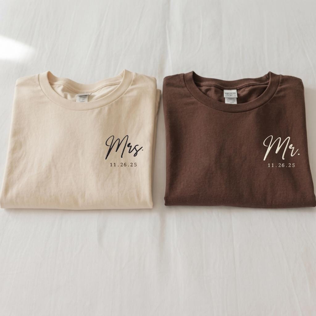 Personalized Mr and Mrs Embroidered Shirt, Custom Wedding Date Comfort Color Tee, Bride Groom Shirts, Newlywed Gift, Honeymoon Couple Shirts