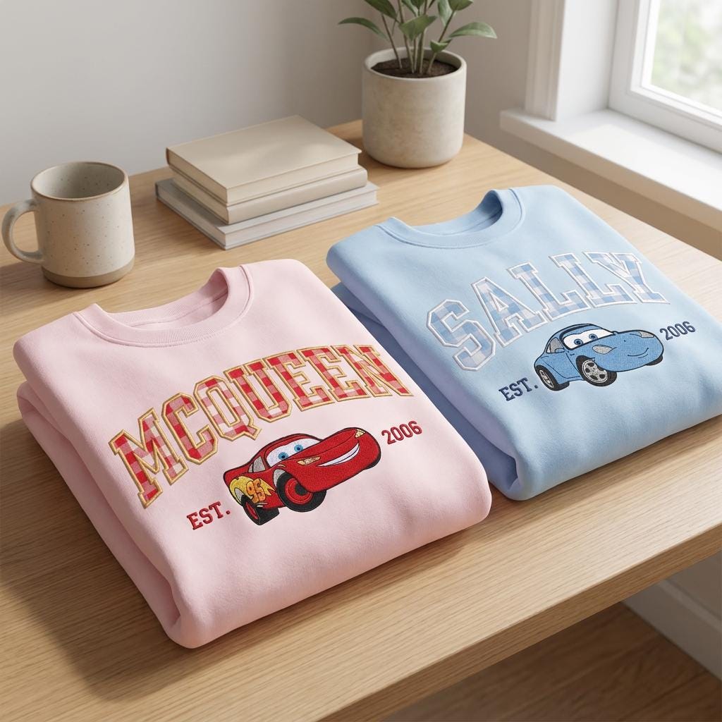 Cartoon Couple Car Embroidered Sweatshirt, Magical Land Couple Crewneck, Embroidered Couple Crewneck, Couple Valentine, Anniversary Gift