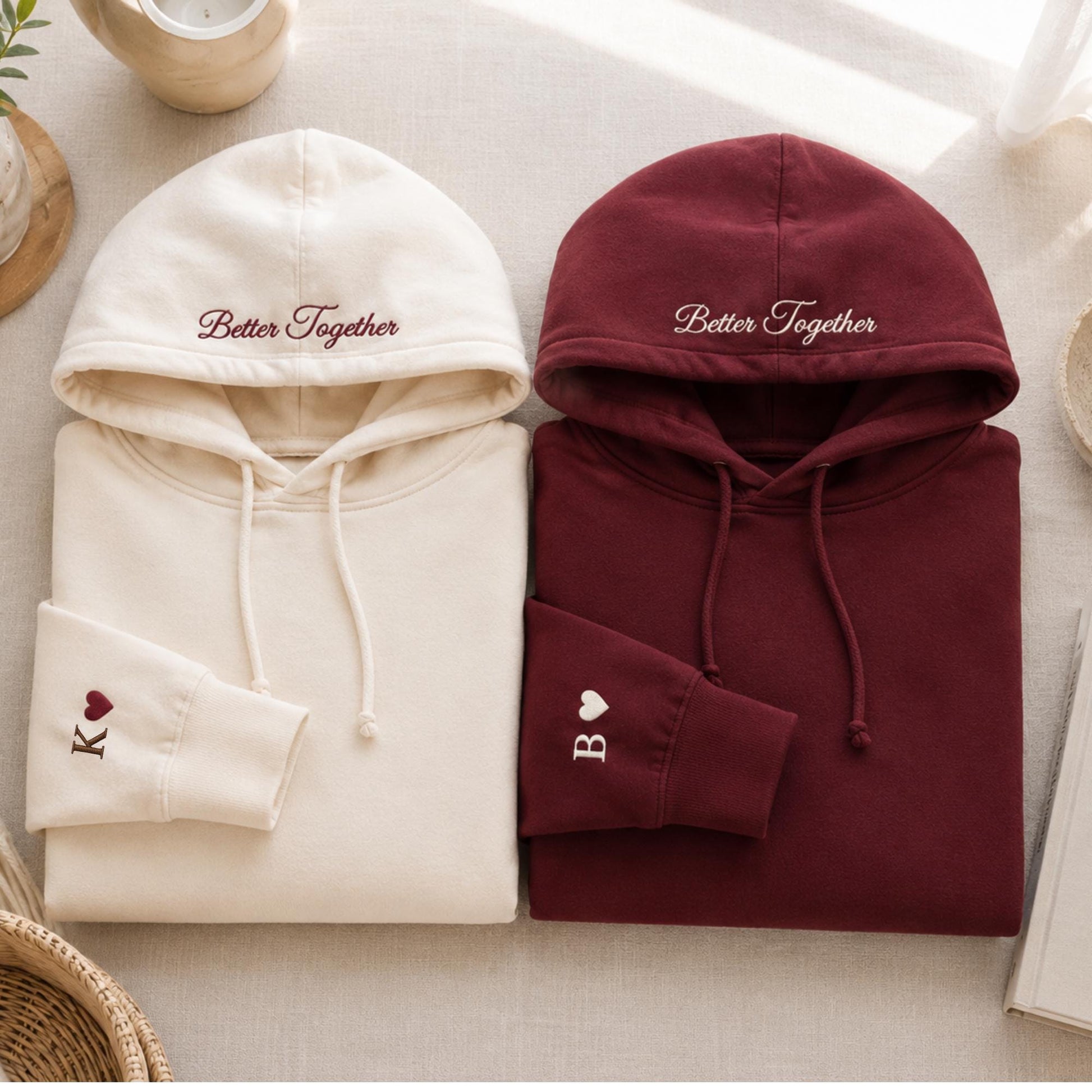 Custom Embroidery Initial Heart sleeve Hoodie, Personalized Valentines Sweatshirt, Embroidered Couples Outfit