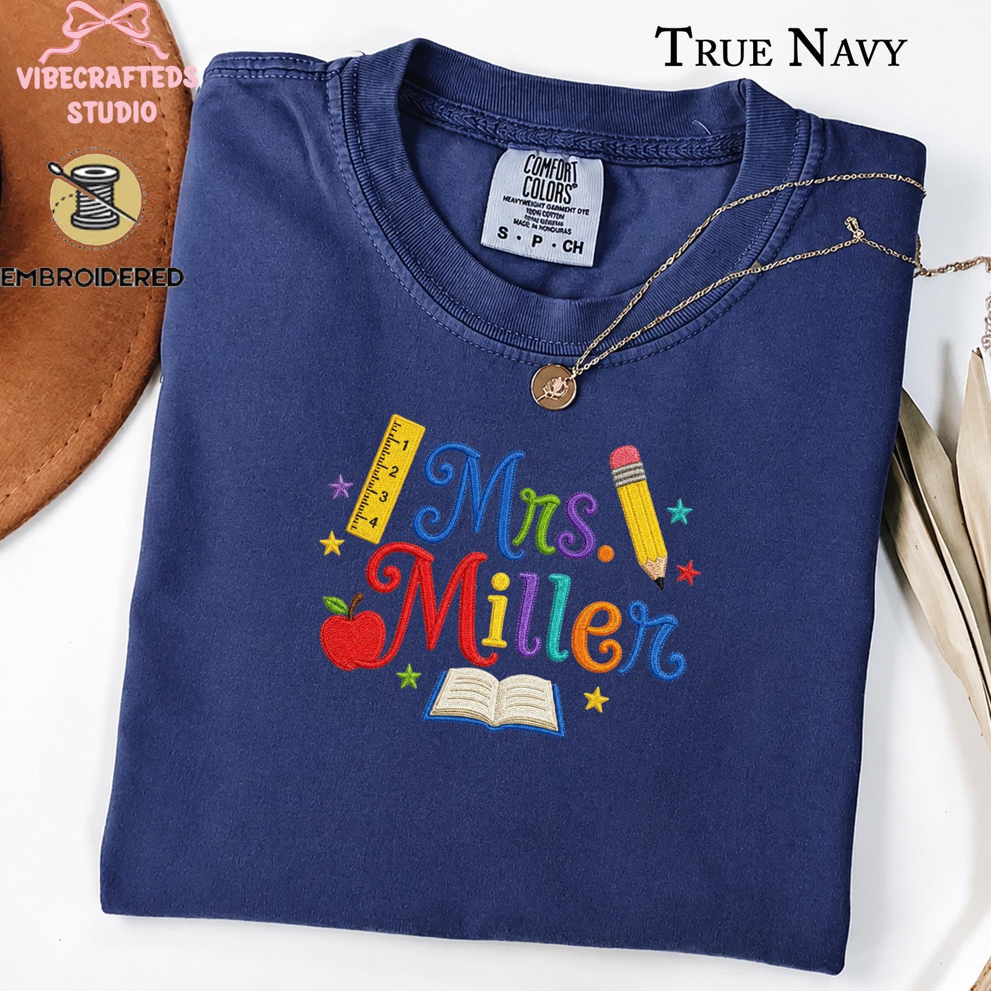 Custom Embroidered Teacher Shirt, Personalized Mrs Ms Name Sweatshirt, Colorful Thread Comfort Colors T-shirt , Back to School Teacher Gift