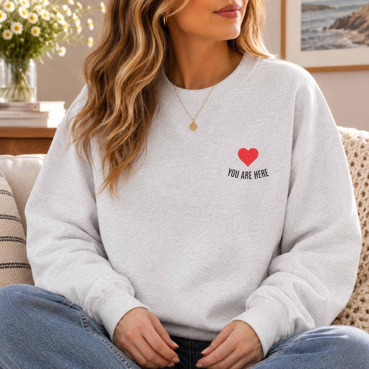 You Are Here Embroidered Sweatshirt, Hoodie or T-Shirt | Minimal Heart Embroidery | Matching Couples Gift | Cozy Unisex Apparel