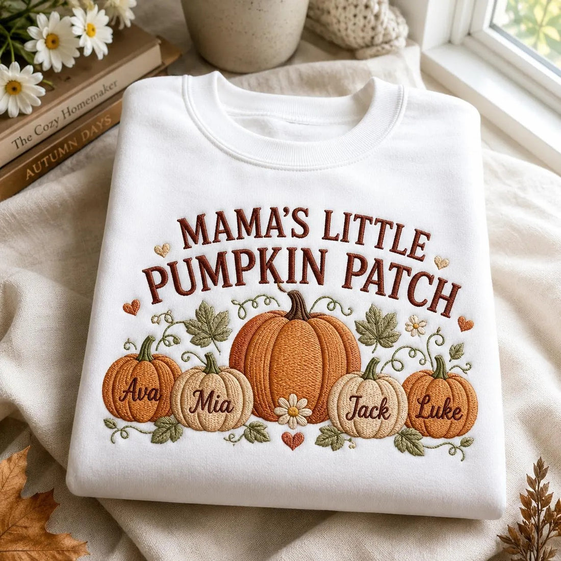 Personalized Mama Pumpkin Patch Sweatshirt, Custom Kids Name Fall Mom Crewneck, Embroidered Pumpkin Family Gift for Her