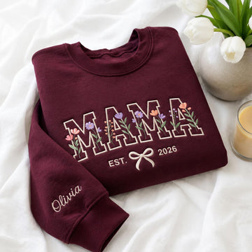 Personalized Embroidered Mama Sweatshirt, Floral Mama Crewneck, Christmas Gift for Mom, New Mom Gift, Custom Sleeve Name