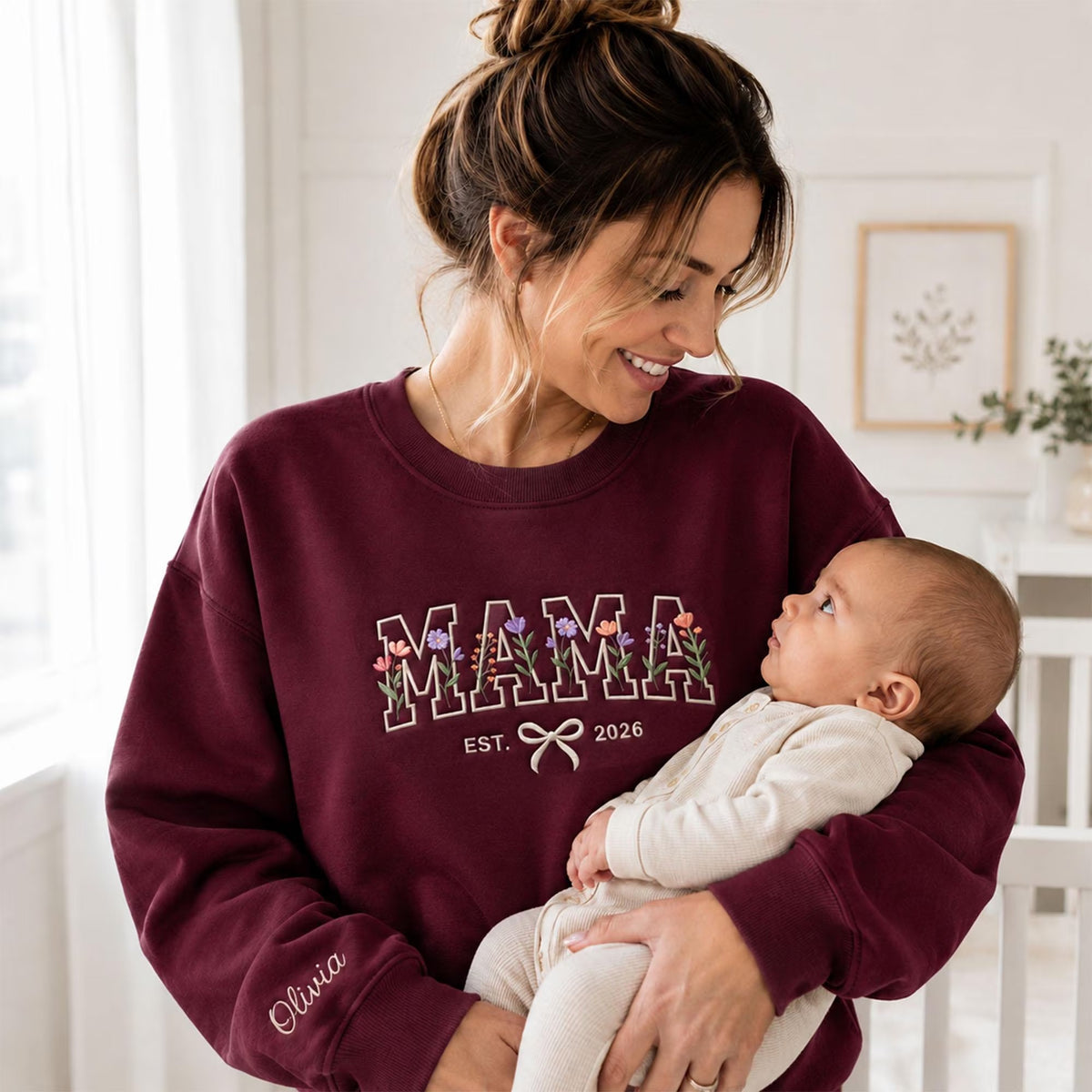 Personalized Embroidered Mama Sweatshirt, Floral Mama Crewneck, Christmas Gift for Mom, New Mom Gift, Custom Sleeve Name