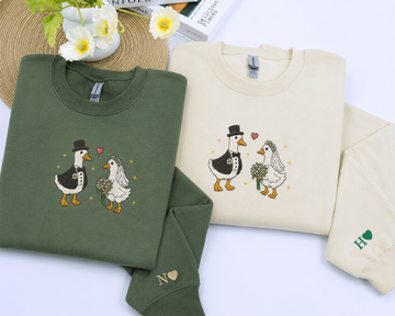 Personalized Goose Couple Embroidered Shirt, Bride & Groom Goose Sweatshirt, Matching Wedding Shirt, Custom Name Embroidery Gift