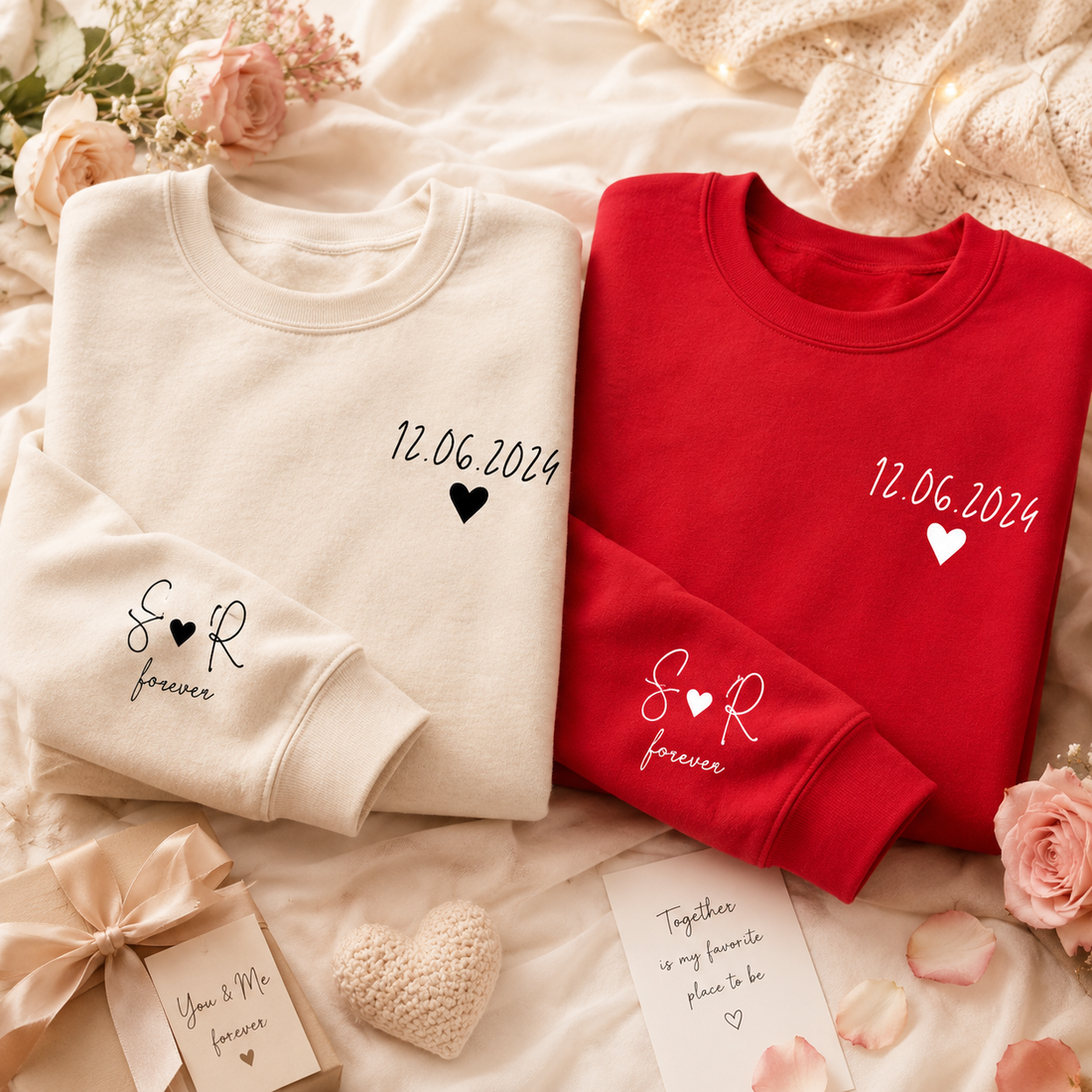 Personalized Date Sweatshirt With Initials On Sleeve, Custom Couple Hoodie, Anniversaries Outfit, Matching Valentines Clothing, Wedding Gift