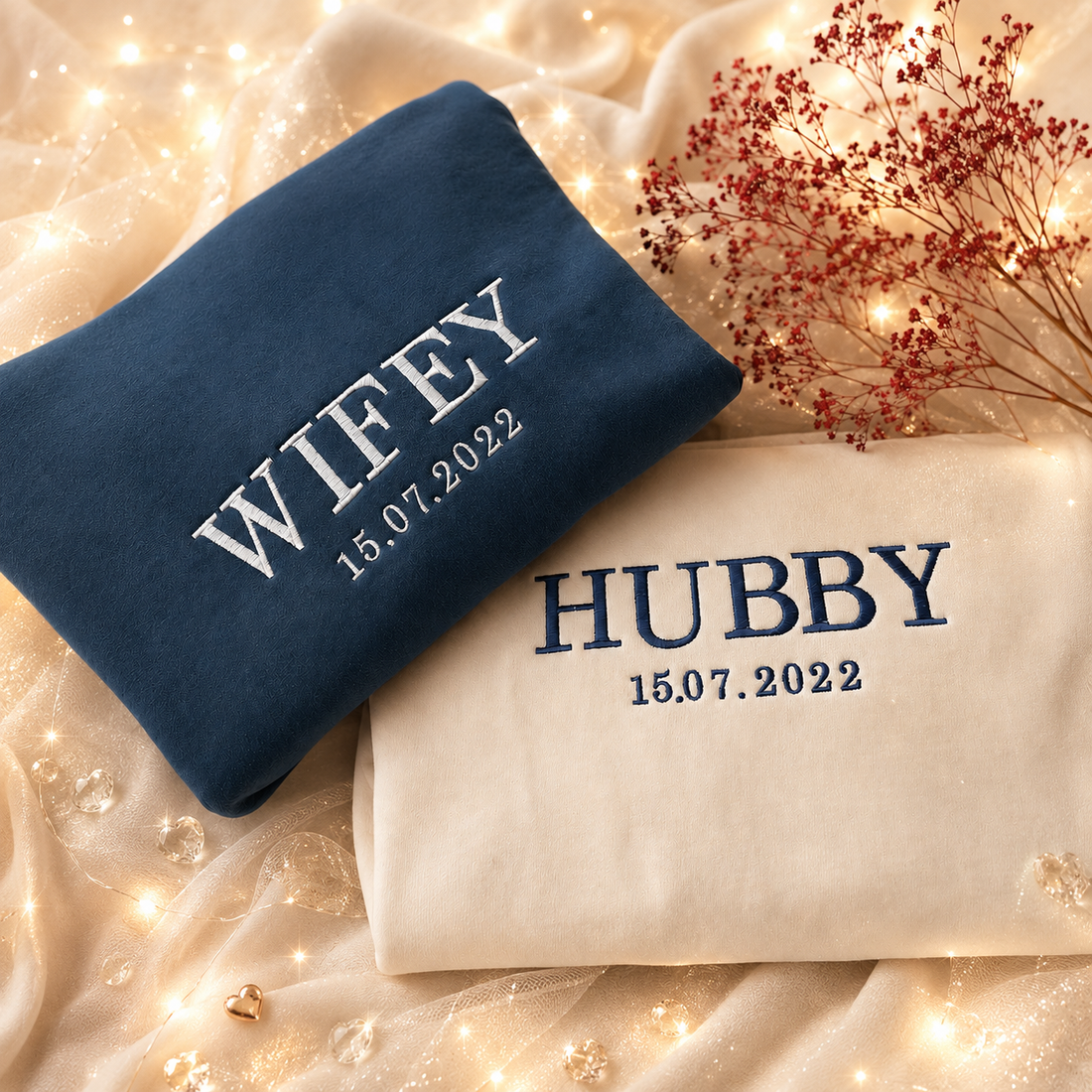 Custom Wifey and Hubby Embroidered Valentine Sweatshirt Matching Couples Jumper Mrs and Mrs Girlfriend Gift Unisex Wedding Gift Crewneck