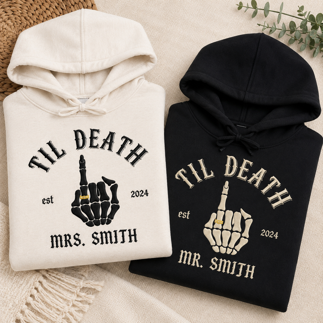 Custom Wedding Day Hoodie Til Death Sweatshirt Edgy Mr & Mrs Honeymoon Matching Tops Skeleton Bride Groom Gift Anniversary Bride and Groom