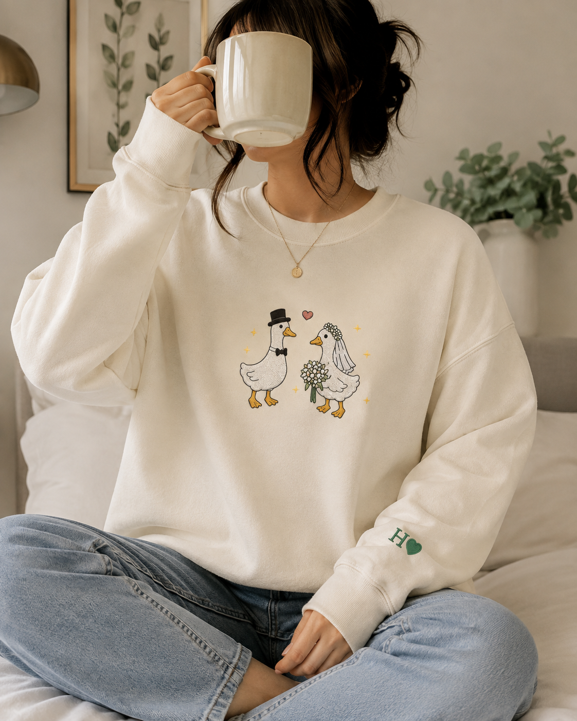 Personalized Goose Couple Embroidered Shirt, Bride & Groom Goose Sweatshirt, Matching Wedding Shirt, Custom Name Embroidery Gift