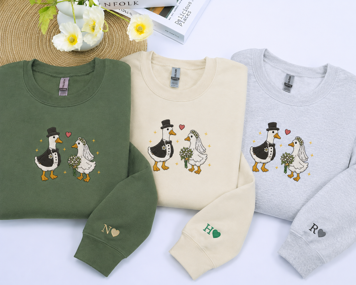 Personalized Goose Couple Embroidered Shirt, Bride & Groom Goose Sweatshirt, Matching Wedding Shirt, Custom Name Embroidery Gift