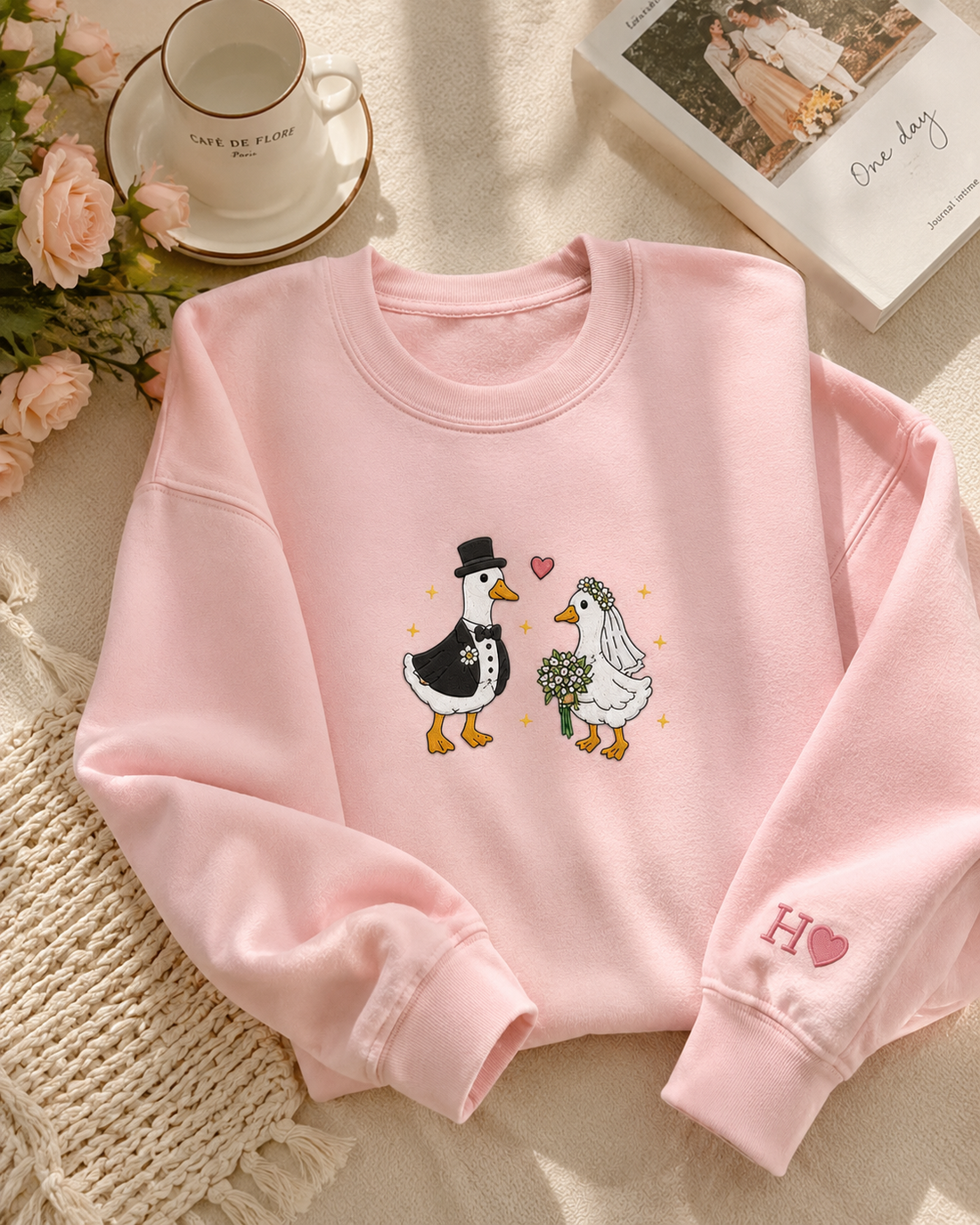 Personalized Goose Couple Embroidered Shirt, Bride & Groom Goose Sweatshirt, Matching Wedding Shirt, Custom Name Embroidery Gift
