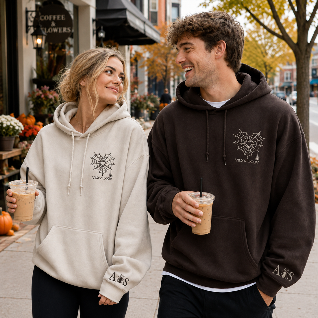 Embroidered Spider Web Heart Couple Hoodie - Personalized Matching Couple Hoodies With Initial - Halloween Gift, 1st Anniversary Gift