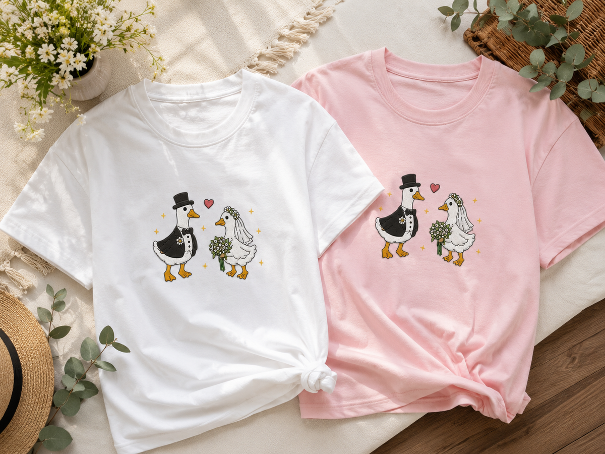 Personalized Goose Couple Embroidered Shirt, Bride & Groom Goose Sweatshirt, Matching Wedding Shirt, Custom Name Embroidery Gift
